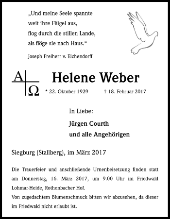 Anzeige von Helene Weber von Kölner Stadt-Anzeiger / Kölnische Rundschau / Express