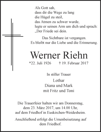 Anzeige von Werner Riehn von  Blickpunkt Euskirchen 
