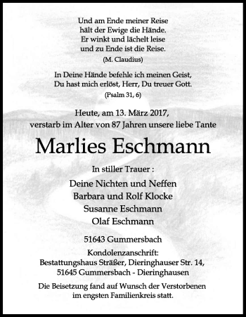 Anzeige von Marlies Eschmann von Kölner Stadt-Anzeiger / Kölnische Rundschau / Express
