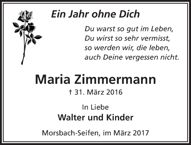  Traueranzeige für Maria Zimmermann vom 29.03.2017 aus  Lokalanzeiger 