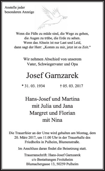Anzeige von Josef Garnzarek von  Sonntags-Post 