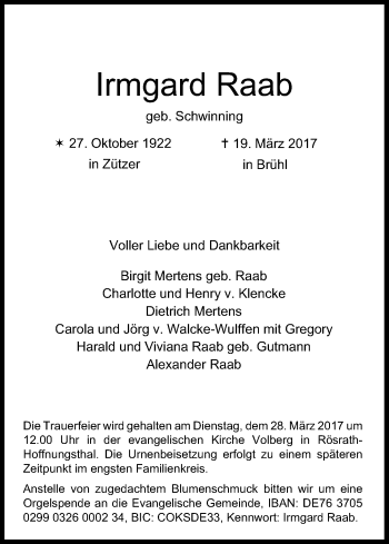 Anzeige von Irmgard Raab von Kölner Stadt-Anzeiger / Kölnische Rundschau / Express