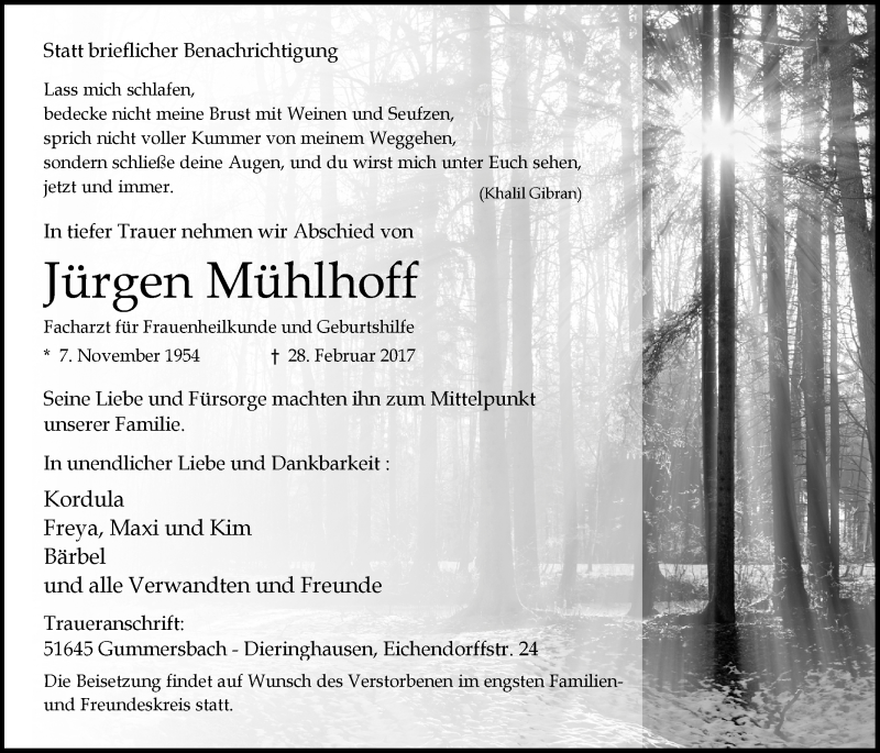  Traueranzeige für Jürgen Mühlhoff vom 08.03.2017 aus  Anzeigen Echo 