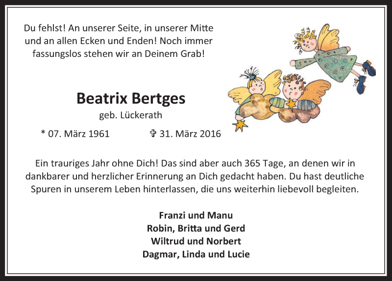  Traueranzeige für Beatrix Bertges vom 29.03.2017 aus  Wochenende 