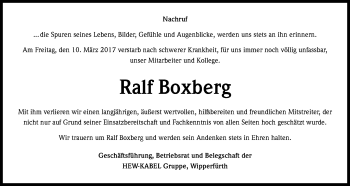 Anzeige von Ralf Boxberg von Kölner Stadt-Anzeiger / Kölnische Rundschau / Express