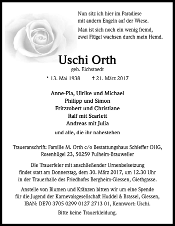 Anzeige von Uschi Orth von Kölner Stadt-Anzeiger / Kölnische Rundschau / Express