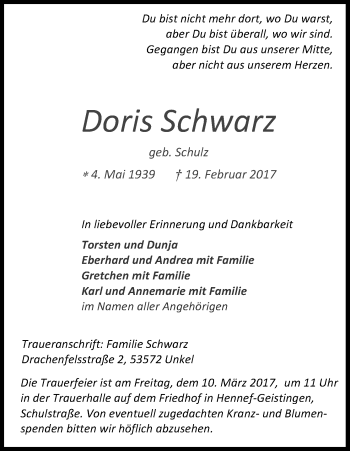 Anzeige von Doris Schwarz von Kölner Stadt-Anzeiger / Kölnische Rundschau / Express
