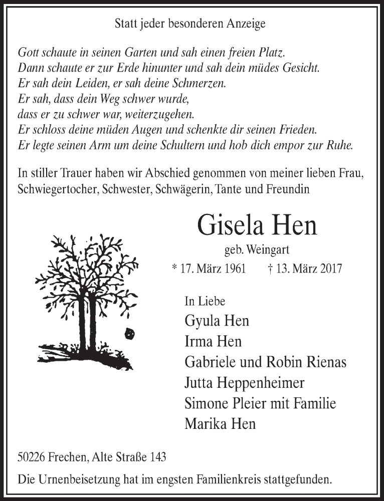  Traueranzeige für Gisela Hen vom 25.03.2017 aus  Sonntags-Post 