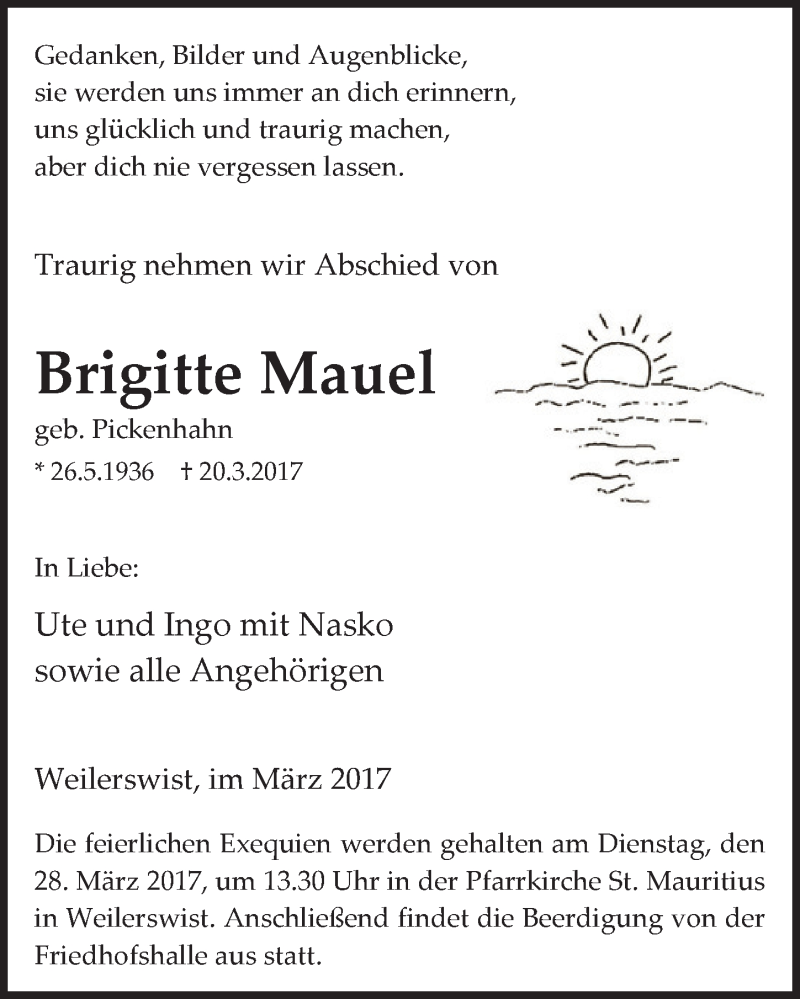  Traueranzeige für Brigitte Mauel vom 25.03.2017 aus  Blickpunkt Euskirchen 