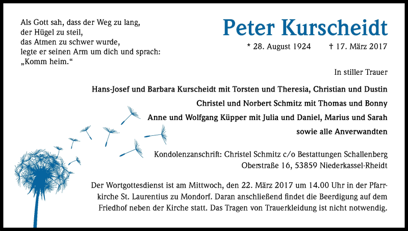  Traueranzeige für Peter Kurscheidt vom 21.03.2017 aus Kölner Stadt-Anzeiger / Kölnische Rundschau / Express