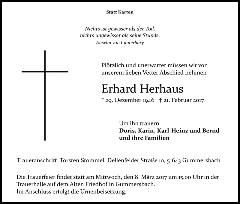  Traueranzeige für Erhard Herhaus vom 04.03.2017 aus Kölner Stadt-Anzeiger / Kölnische Rundschau / Express