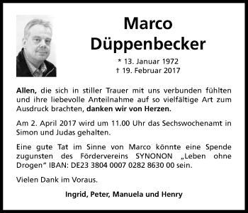Anzeige von Marco Düppenbecker von Kölner Stadt-Anzeiger / Kölnische Rundschau / Express