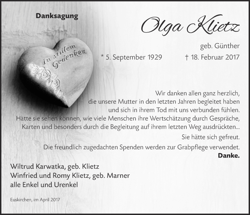  Traueranzeige für Olga Klietz vom 01.04.2017 aus  Blickpunkt Euskirchen 