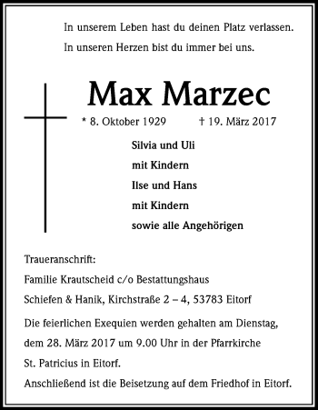 Anzeige von Max Marzec von Kölner Stadt-Anzeiger / Kölnische Rundschau / Express
