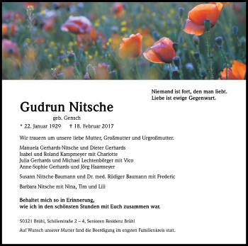 Anzeige von Gudrun Nitsche von Kölner Stadt-Anzeiger / Kölnische Rundschau / Express