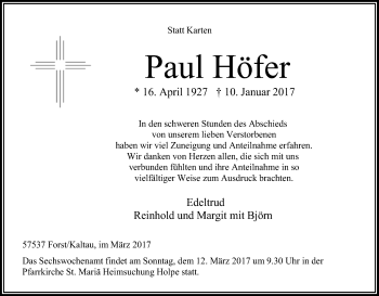 Anzeige von Paul Höfer von Kölner Stadt-Anzeiger / Kölnische Rundschau / Express