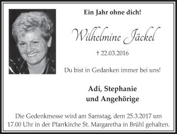 Anzeige von Wilhelmine Jäckel von  Schlossbote/Werbekurier 