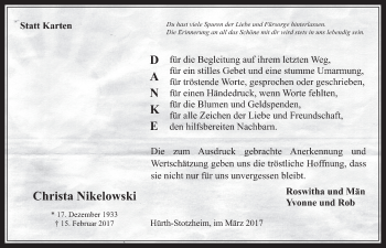 Anzeige von Christa Nikelowski von  Wochenende 