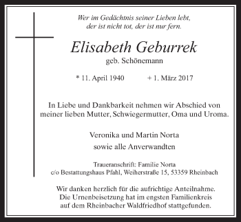 Anzeige von Elisabeth Geburrek von  Schaufenster/Blickpunkt 
