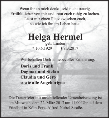 Anzeige von Helga Hermel von  Kölner Wochenspiegel  Extra Blatt 