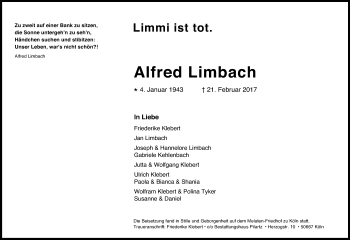 Anzeige von Alfred Limbach von Kölner Stadt-Anzeiger / Kölnische Rundschau / Express