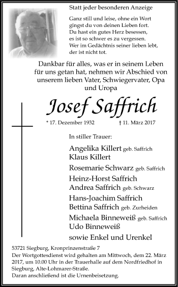 Anzeige von Josef Saffrich von Kölner Stadt-Anzeiger / Kölnische Rundschau / Express