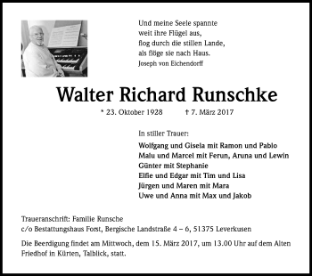 Anzeige von Walter Richard Runschke von Kölner Stadt-Anzeiger / Kölnische Rundschau / Express