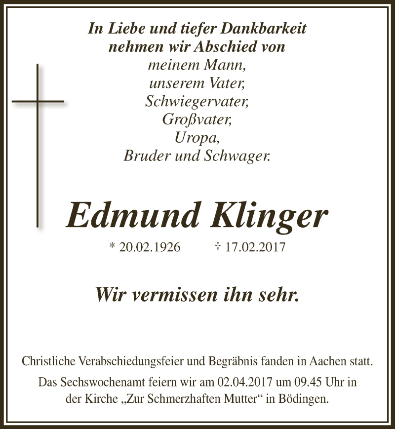  Traueranzeige für Edmund Klinger vom 08.03.2017 aus  Extra Blatt 