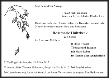 Anzeige von Rosemarie Hültzbeck von  Anzeigen Echo 