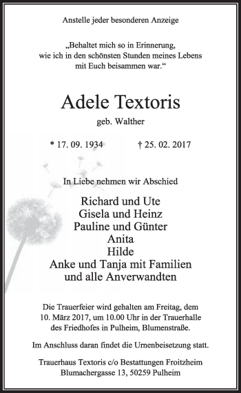 Anzeige von Adele Textoris von  Sonntags-Post 