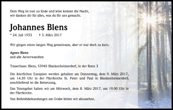 Anzeige von Johannes Blens von Kölner Stadt-Anzeiger / Kölnische Rundschau / Express