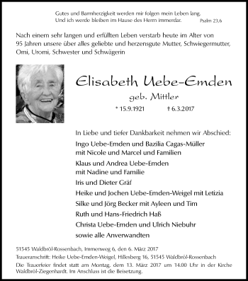 Anzeige von Elisabeth Uebe-Emden von Kölner Stadt-Anzeiger / Kölnische Rundschau / Express