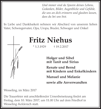 Anzeige von Fritz Niehus von  Schlossbote/Werbekurier 