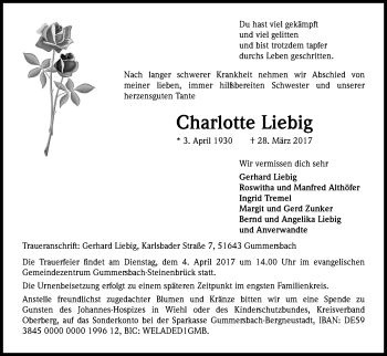 Anzeige von Charlotte Liebig von Kölner Stadt-Anzeiger / Kölnische Rundschau / Express