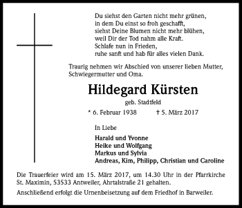 Anzeige von Hildegard Kürsten von Kölner Stadt-Anzeiger / Kölnische Rundschau / Express