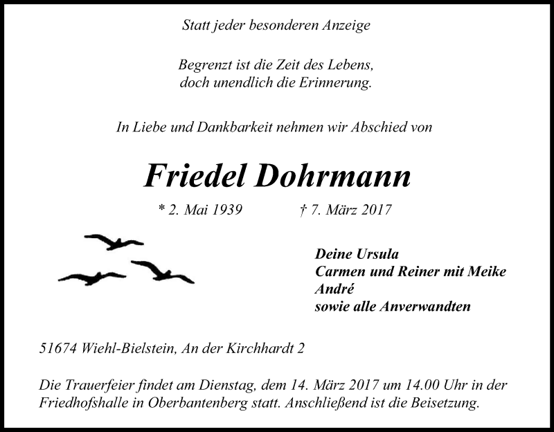  Traueranzeige für Friedel Dohrmann vom 10.03.2017 aus Kölner Stadt-Anzeiger / Kölnische Rundschau / Express