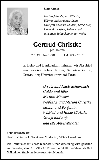 Anzeige von Gertrud Christke von Kölner Stadt-Anzeiger / Kölnische Rundschau / Express