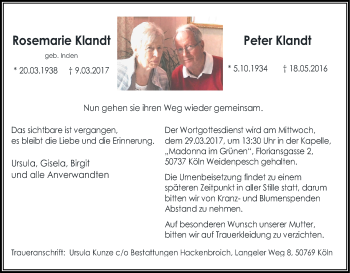 Anzeige von Rosemarie und Peter Klandt von Kölner Stadt-Anzeiger / Kölnische Rundschau / Express