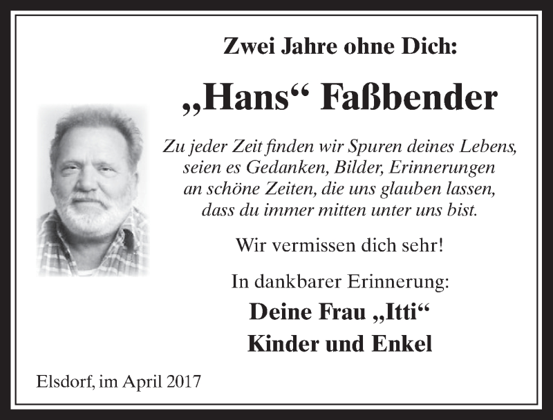  Traueranzeige für Hans Faßbender vom 01.04.2017 aus  Sonntags-Post 