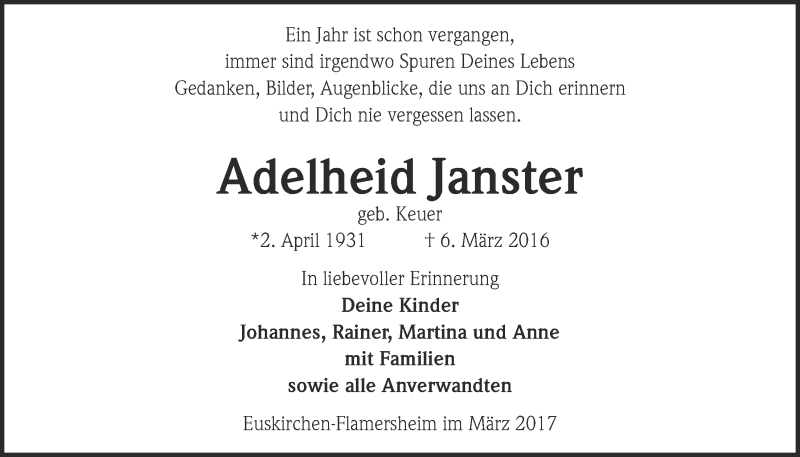  Traueranzeige für Adelheid Janster vom 04.03.2017 aus  Blickpunkt Euskirchen 