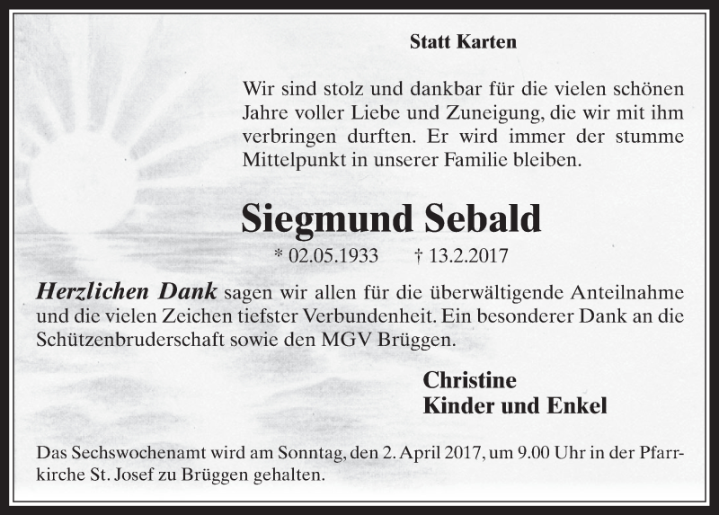  Traueranzeige für Siegmund Sebald vom 18.03.2017 aus  Sonntags-Post 