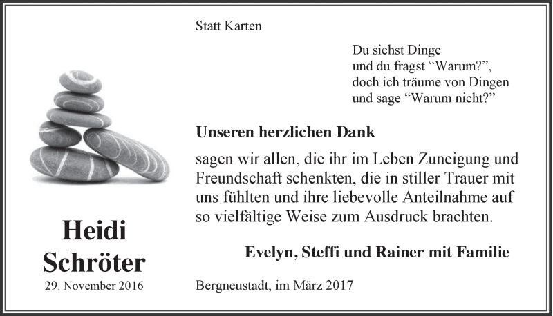  Traueranzeige für Heidi Schröter vom 22.03.2017 aus  Anzeigen Echo 