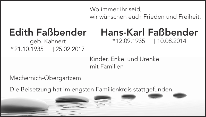  Traueranzeige für Edith/Hans-Karl Faßbender vom 04.03.2017 aus  Blickpunkt Euskirchen 