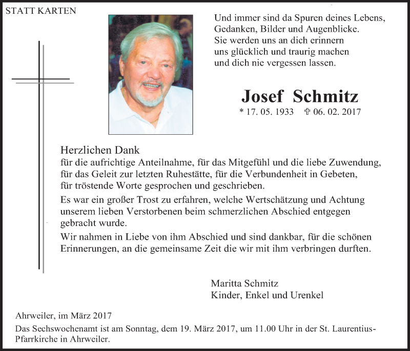  Traueranzeige für Josef Schmitz vom 04.03.2017 aus  Blickpunkt Euskirchen 