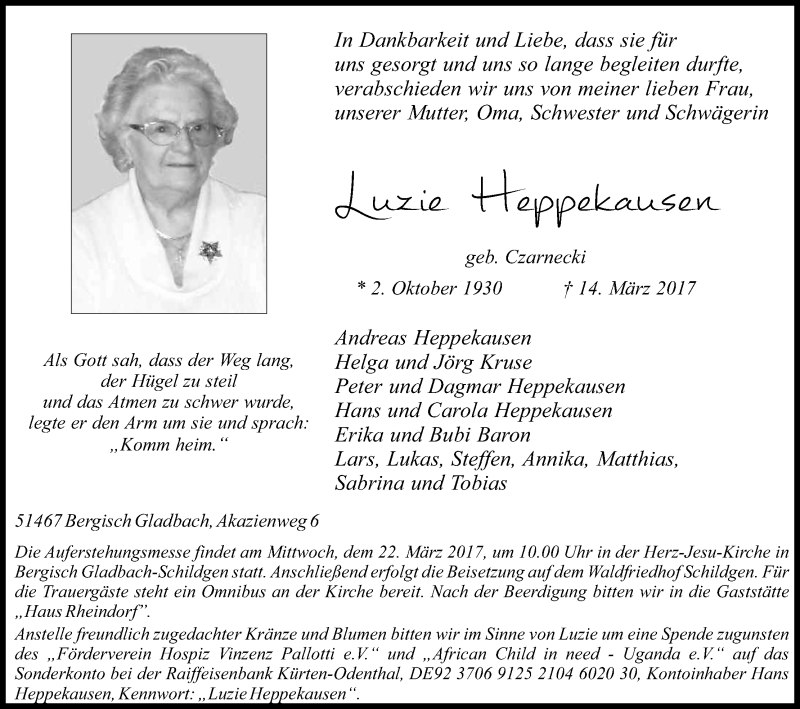  Traueranzeige für Luzie Heppekausen vom 18.03.2017 aus Kölner Stadt-Anzeiger / Kölnische Rundschau / Express