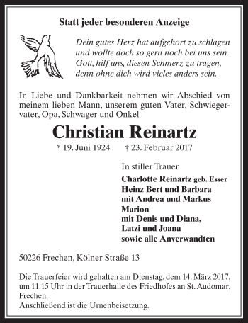 Anzeige von Christian Reinartz von  Wochenende 