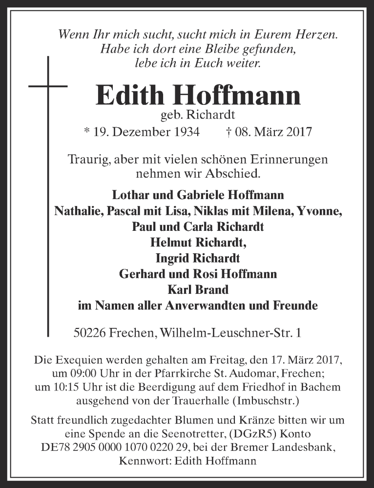  Traueranzeige für Edith Hoffmann vom 15.03.2017 aus  Wochenende 