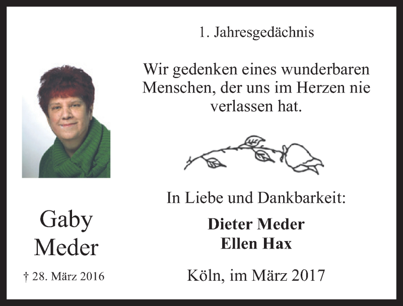  Traueranzeige für Gaby Meder vom 29.03.2017 aus  Kölner Wochenspiegel 