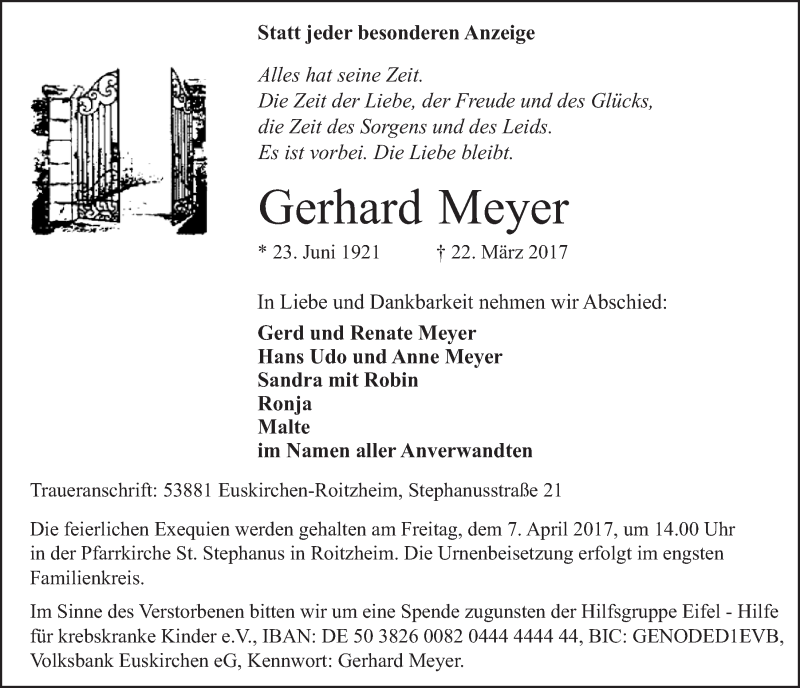  Traueranzeige für Gerhard Meyer vom 01.04.2017 aus  Blickpunkt Euskirchen 