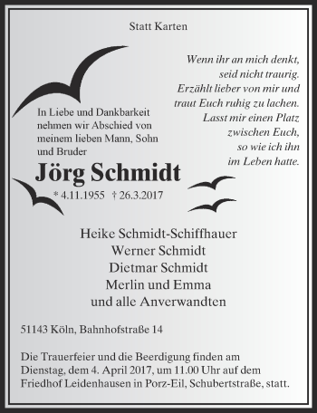 Anzeige von Jörg Schmidt von  Kölner Wochenspiegel 
